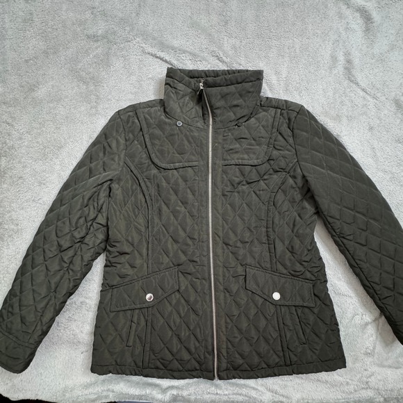 London Fog Women's Quilted Jacket Size Large Olive Green Full Zip High Collar‎ - Picture 5 of 15